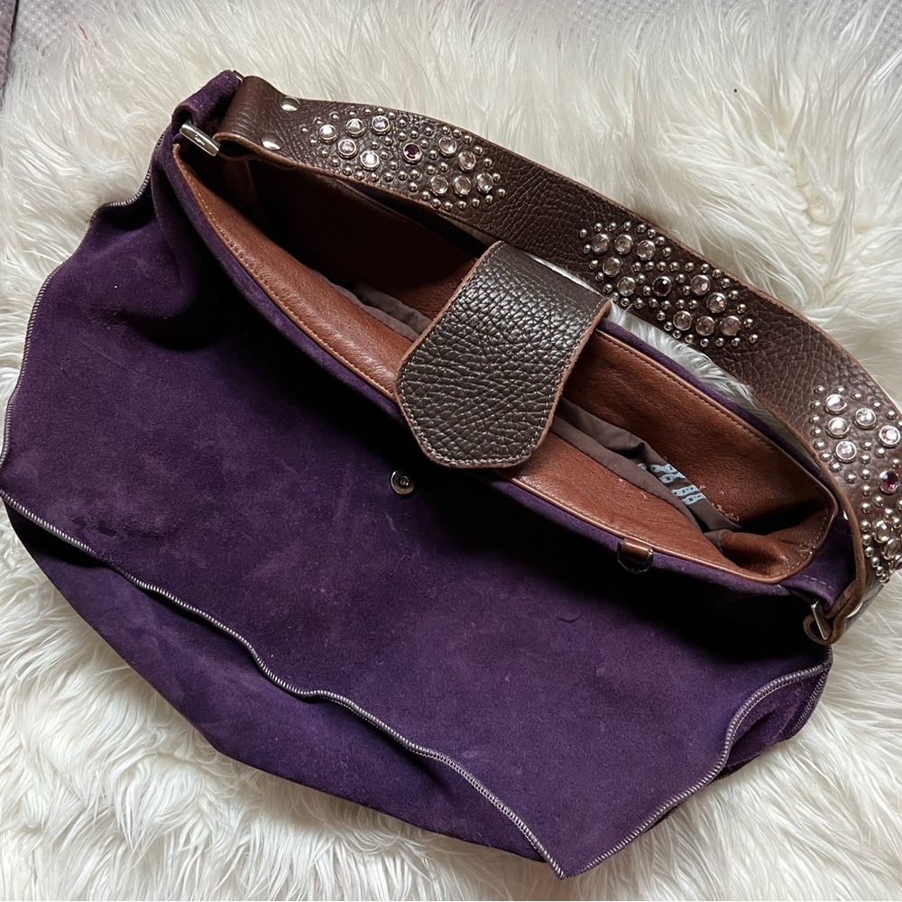 TYLIE MALIBU purple suede hobo bag with studded and crystals leather strap